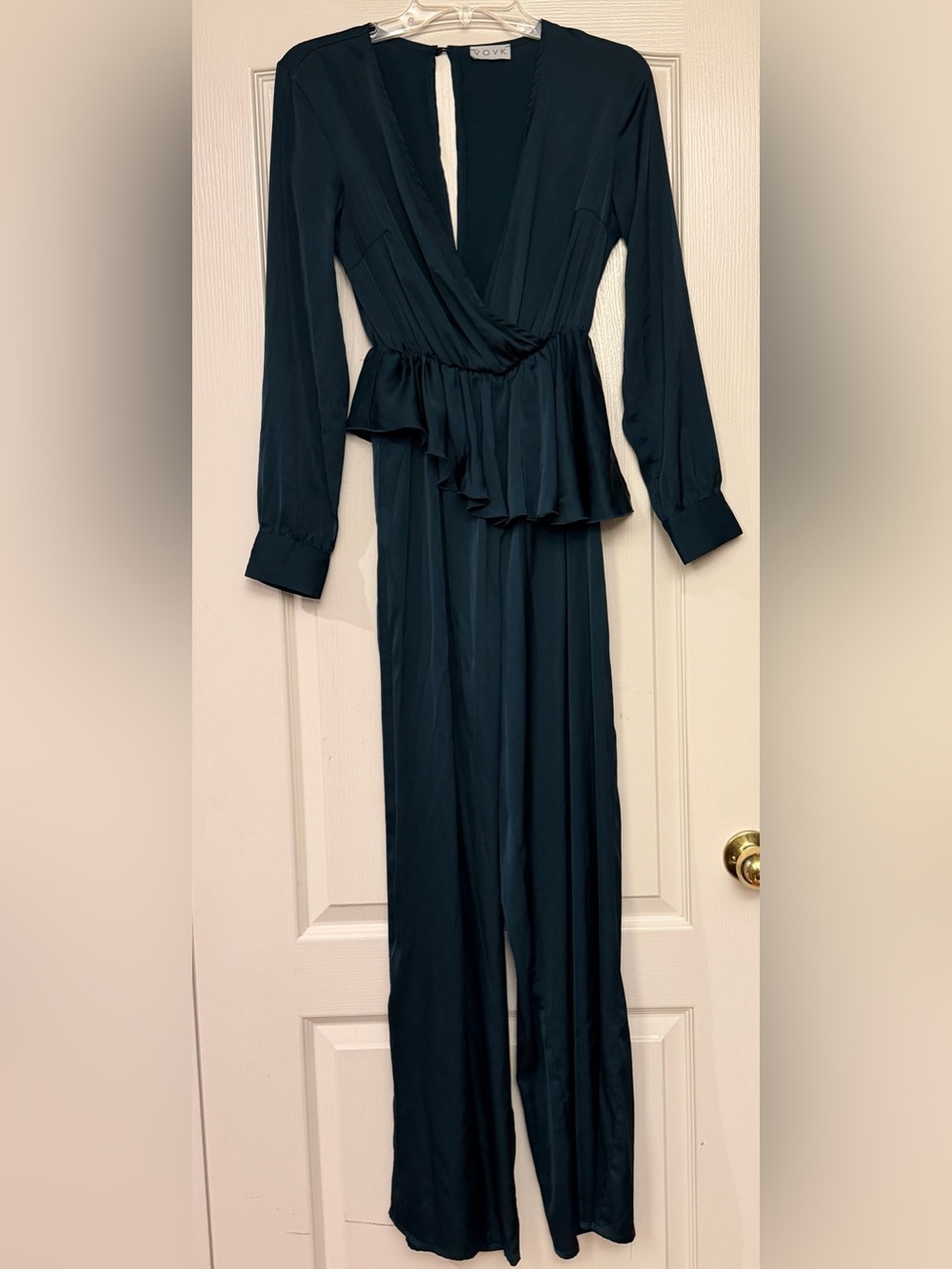 Dark teal satin jumpsuit from the European fashion brand VOVK